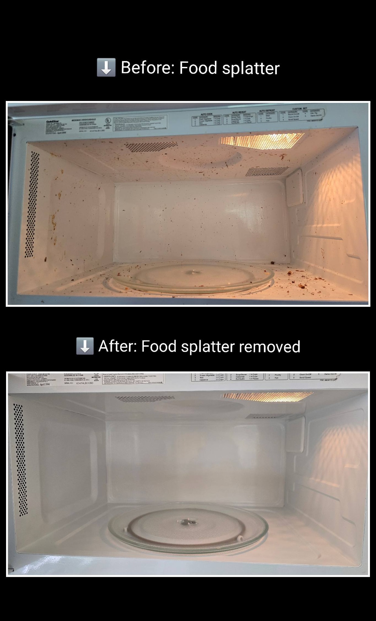 Before and after microwave cleaning with food splatter removed