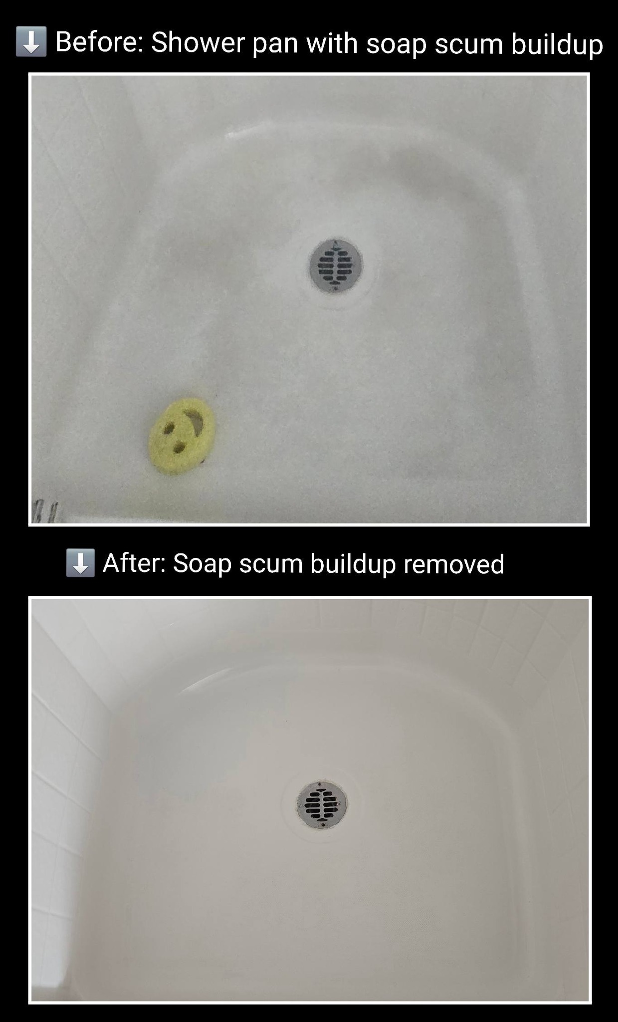 Before and after shower pan cleaning with soap scum buildup removed