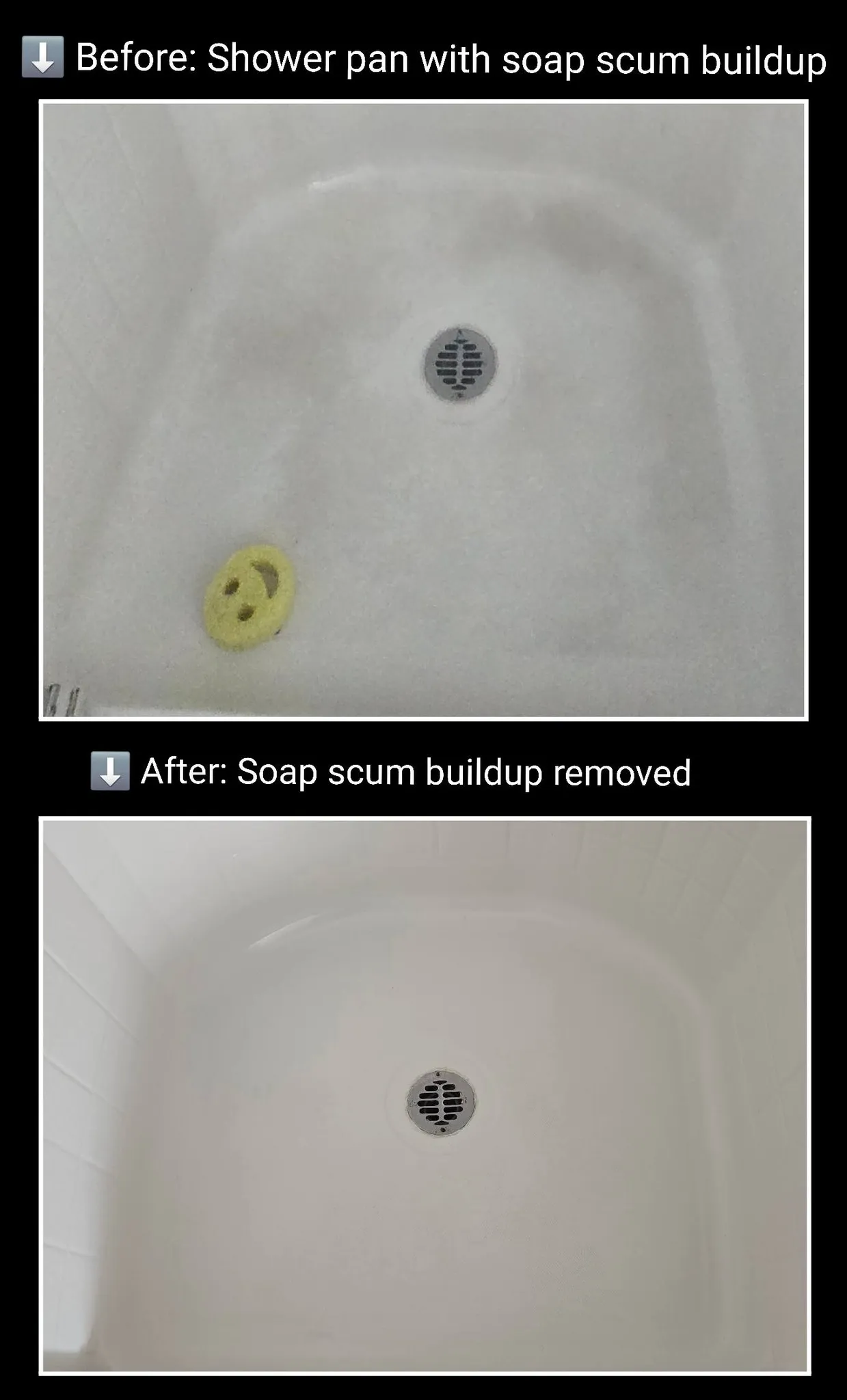 Before and after shower pan cleaning with soap scum buildup removed