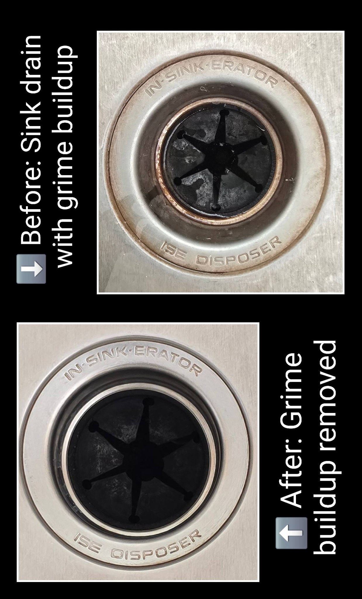 Before and after sink drain buildup cleaning