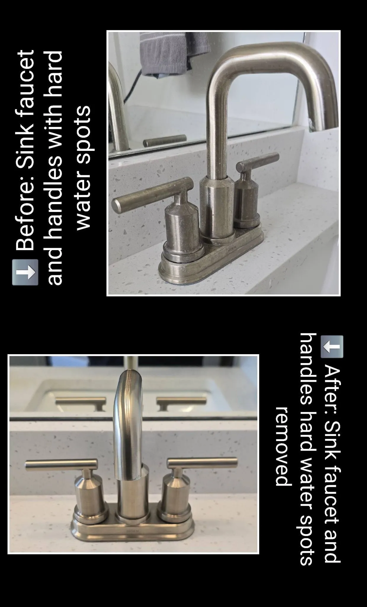 Before and after sink faucet hard water spot removal