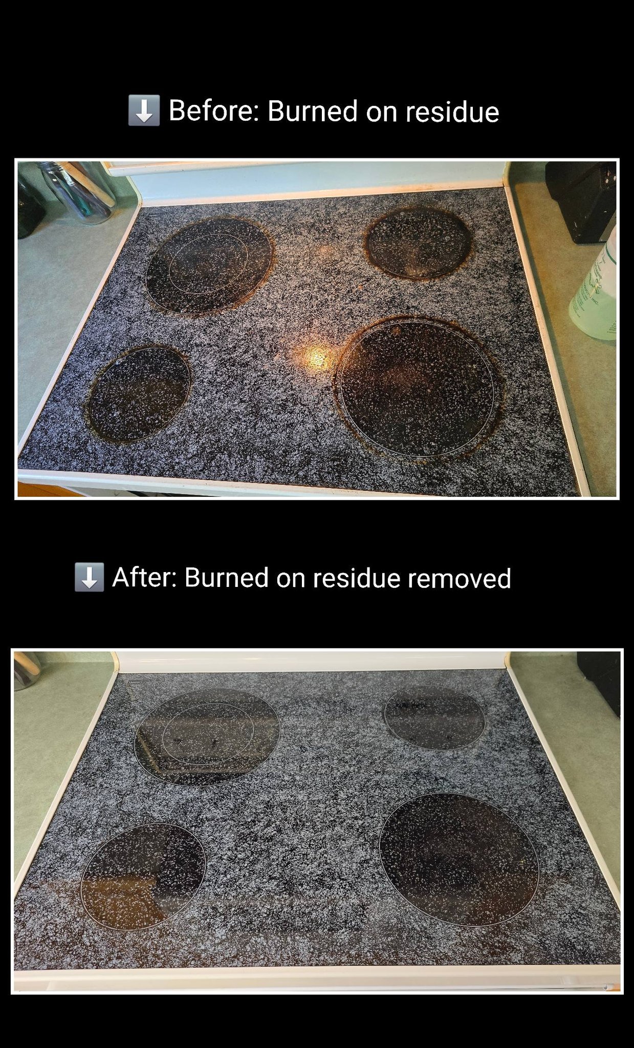 Before and after stovetop cleaning with burned on residue removed
