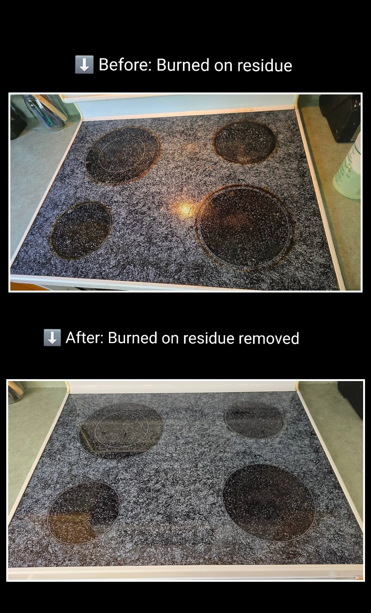 Before and after stovetop cleaning with burned-on residue removed
