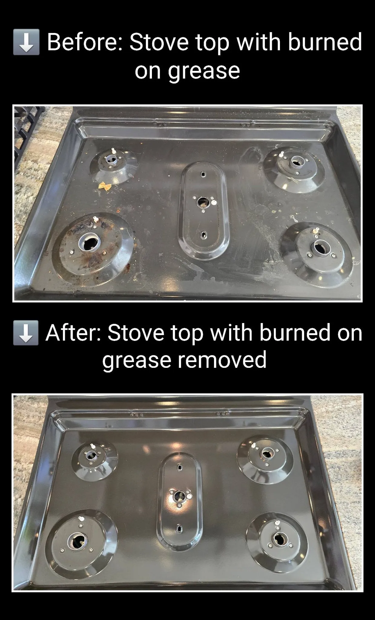 Before and after stove top cleaning with burned on grease removed