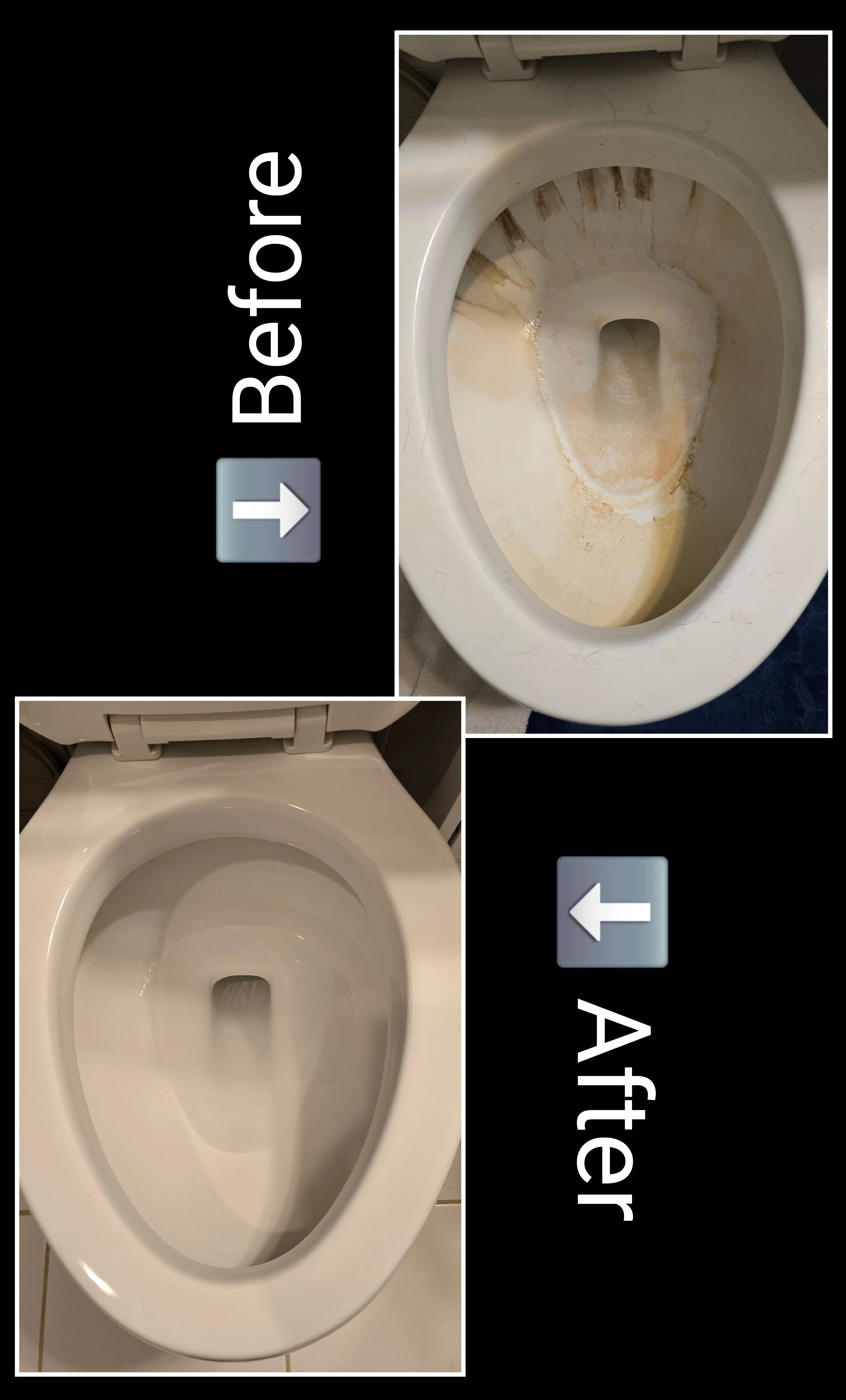 Toilet hard water buildup before and after cleaning in St. George, Utah