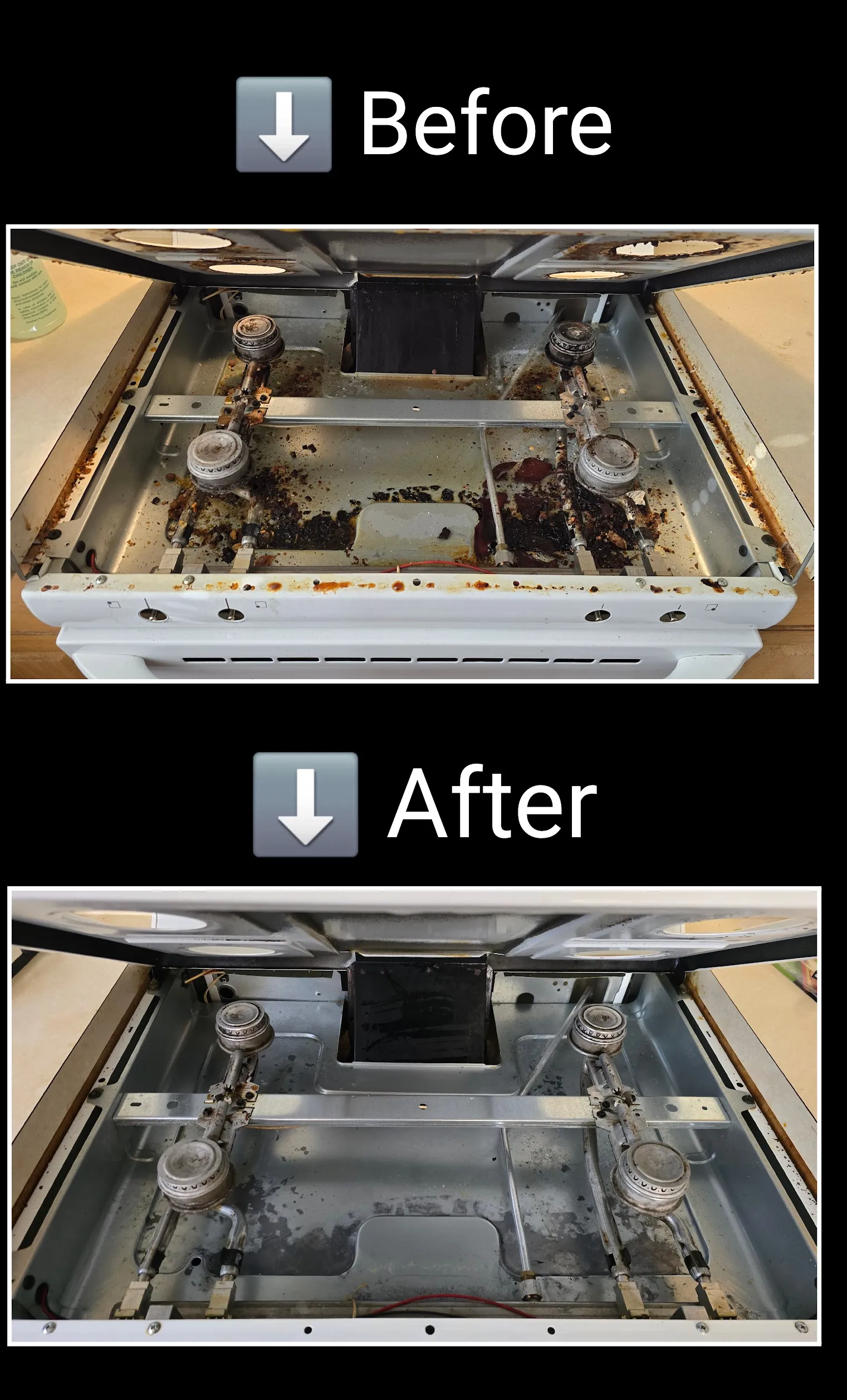 Before and after cleaning below stovetop buildup in St. George Utah