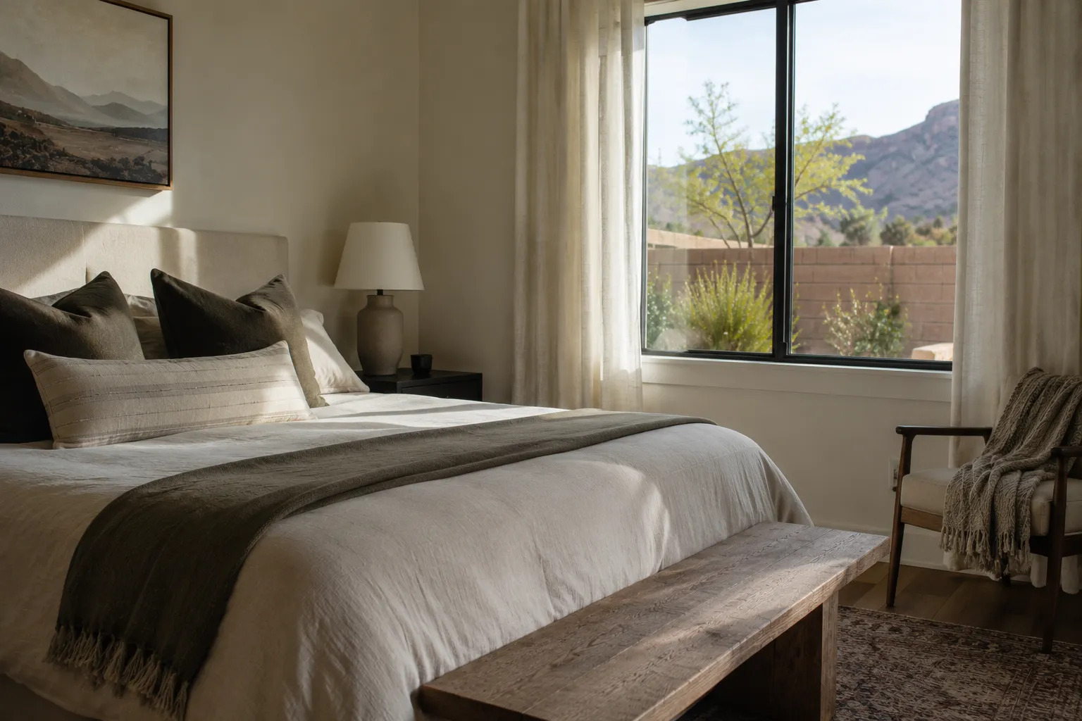 Peaceful bedroom with neutral bedding and soft natural daylight