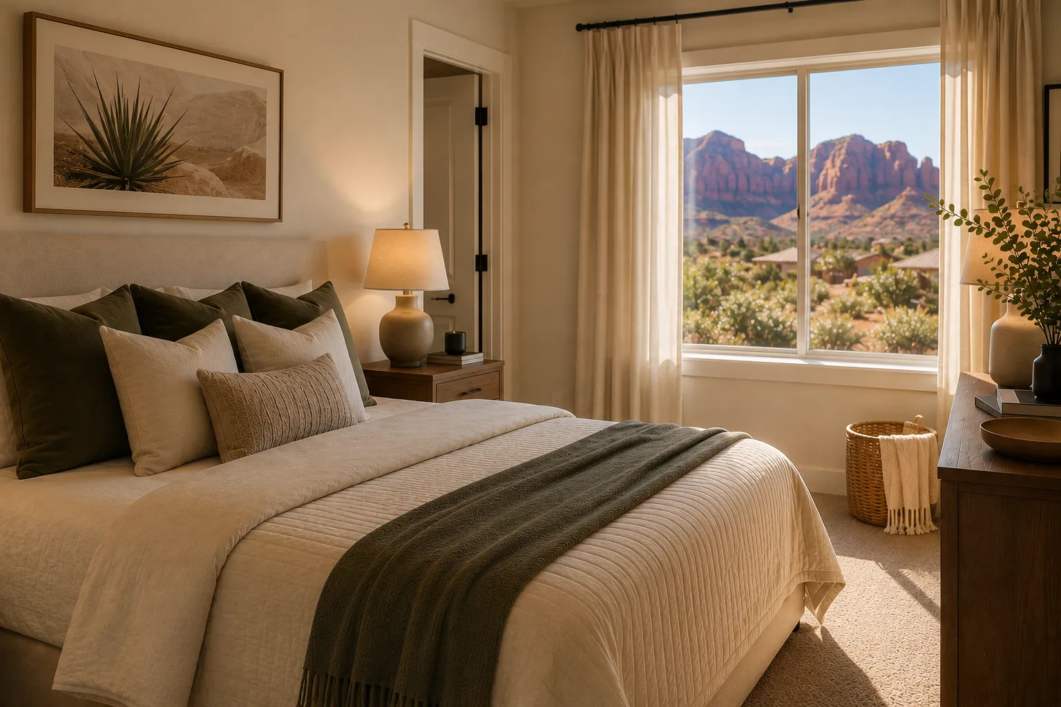 Warm bedroom with a Southern Utah red rock view