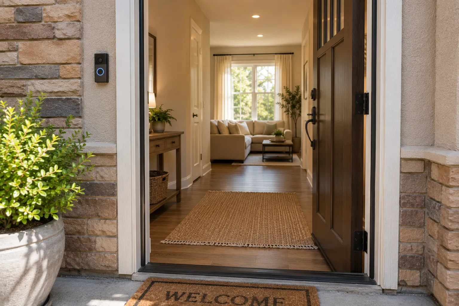 View from outside an open front door into a bright, welcoming home
