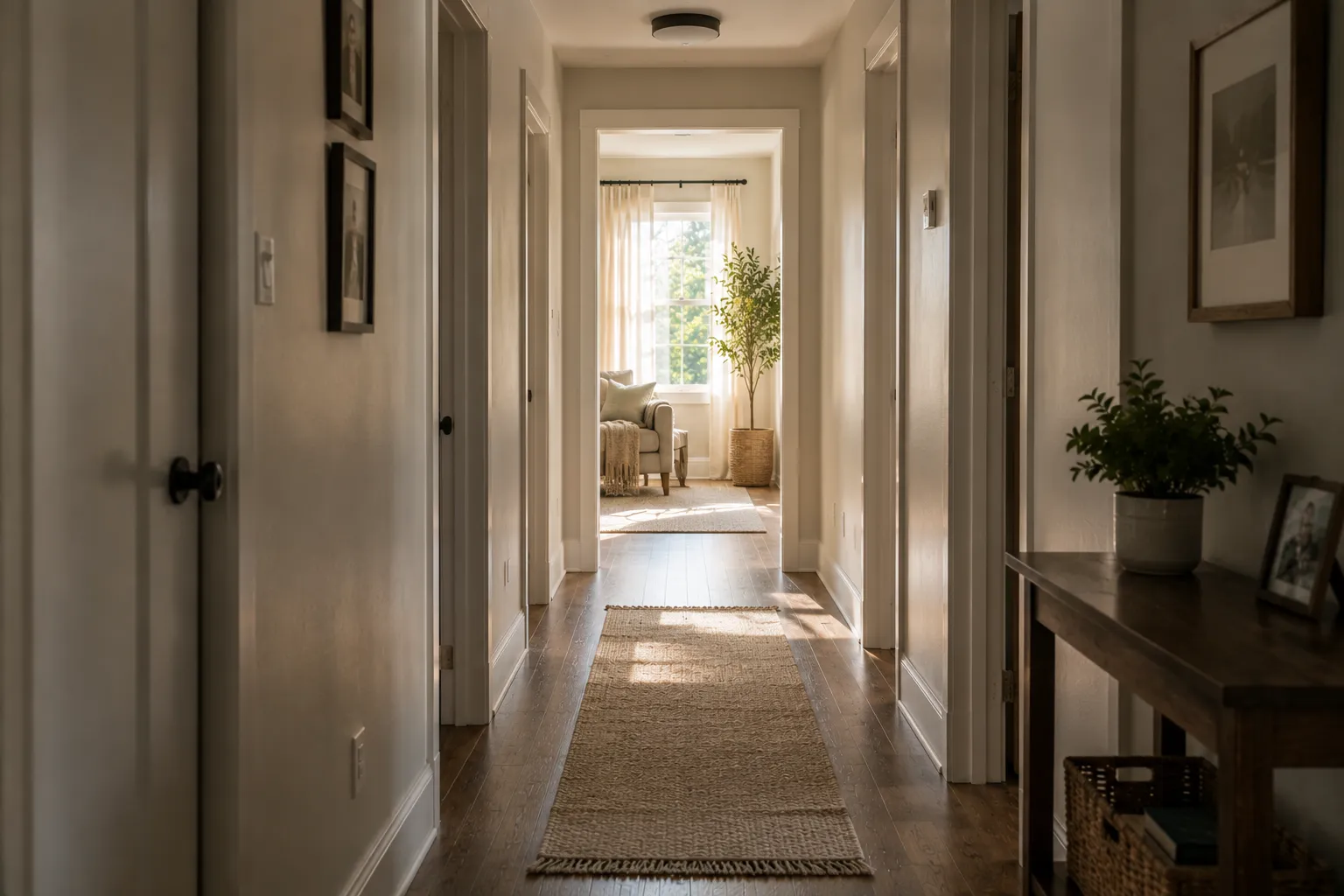 Quiet residential hallway leading toward warm natural light