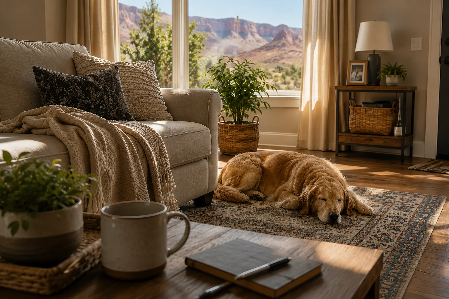 Warm Southern Utah living room with a relaxed golden retriever resting in the sunlight