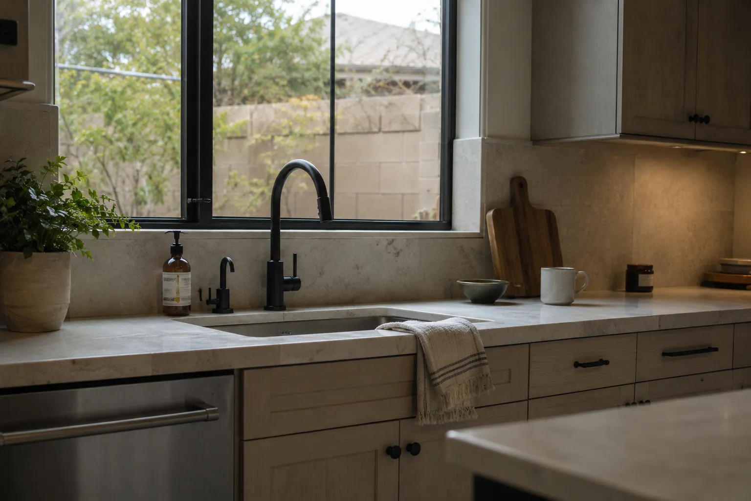 Quiet, thoughtfully maintained kitchen interior filled with natural daylight
