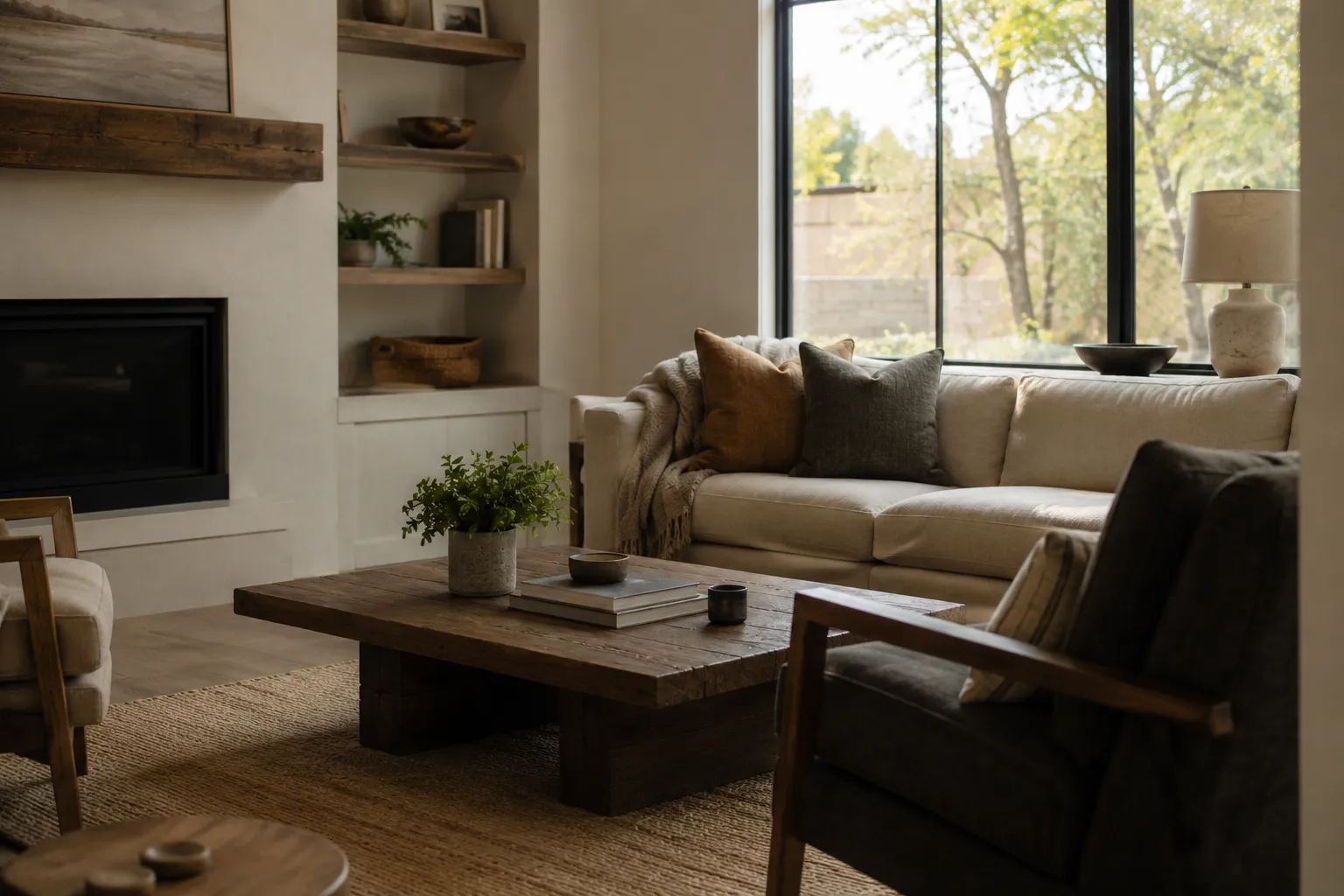 Calm living room with understated furnishings and natural daylight