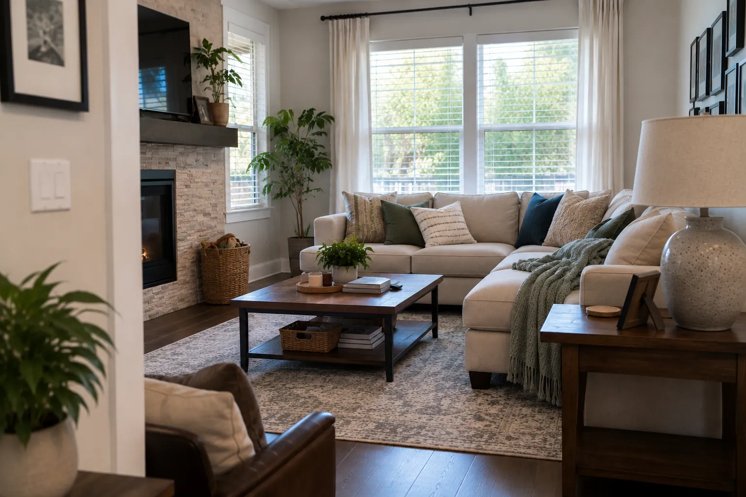 Comfortable lived-in family room filled with natural daylight
