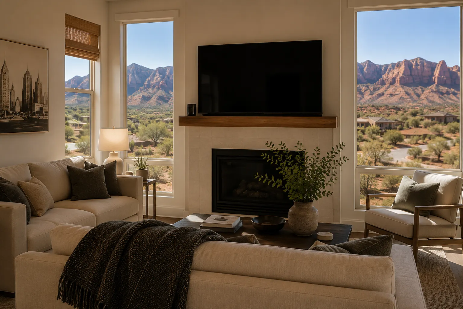 Warm Southern Utah living room with red rock views