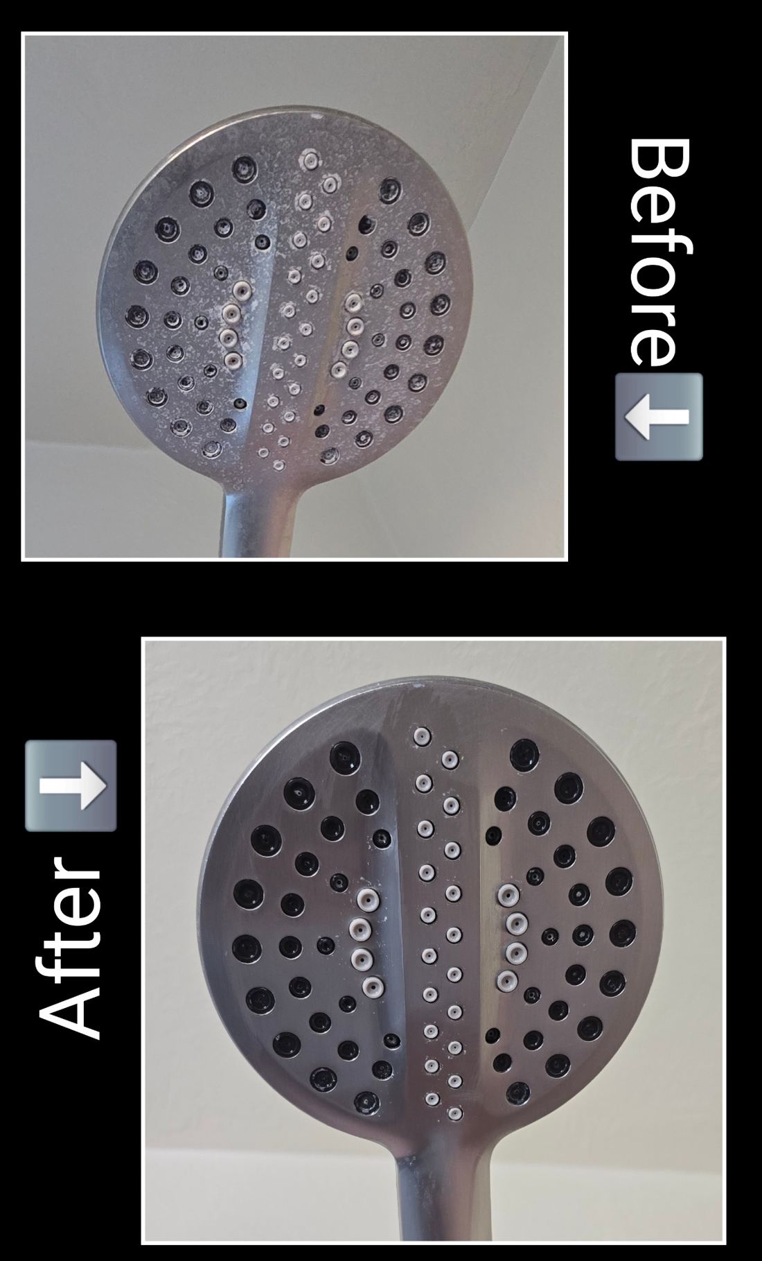 Before and after shower head mineral deposit removal in St. George Utah