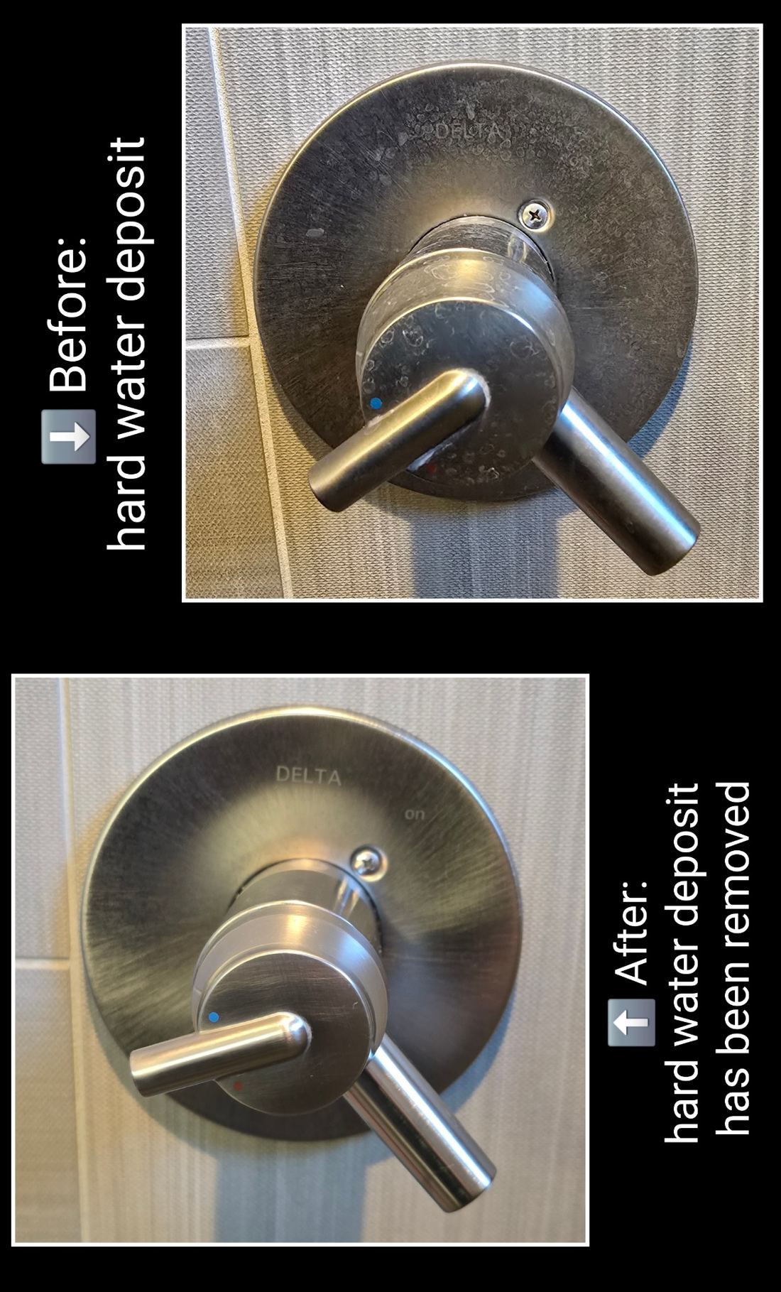 Before and after delta shower handle hard water removal in St. George Utah