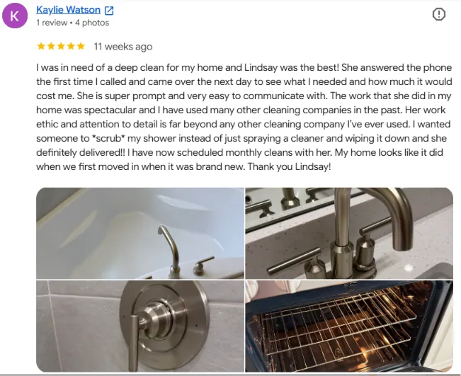 Kaylie Watson's full five-star review and four cleaning result photos