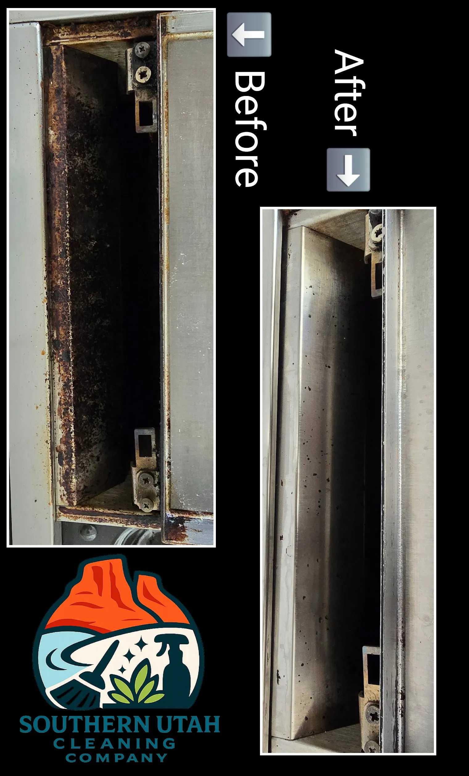 Rear griddle grease channel before and after deep cleaning