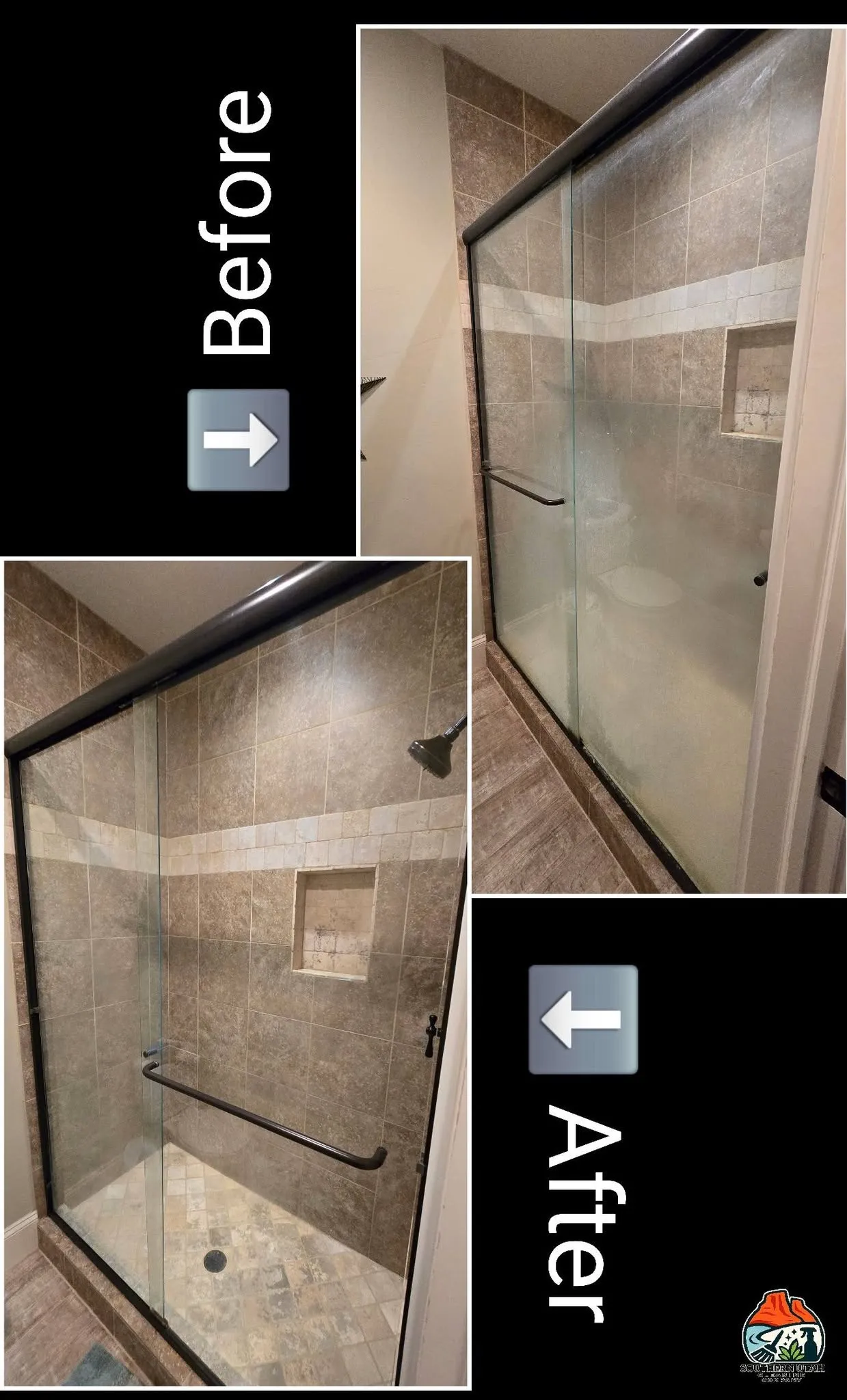 Shower glass hard water restoration before and after in St. George, Utah