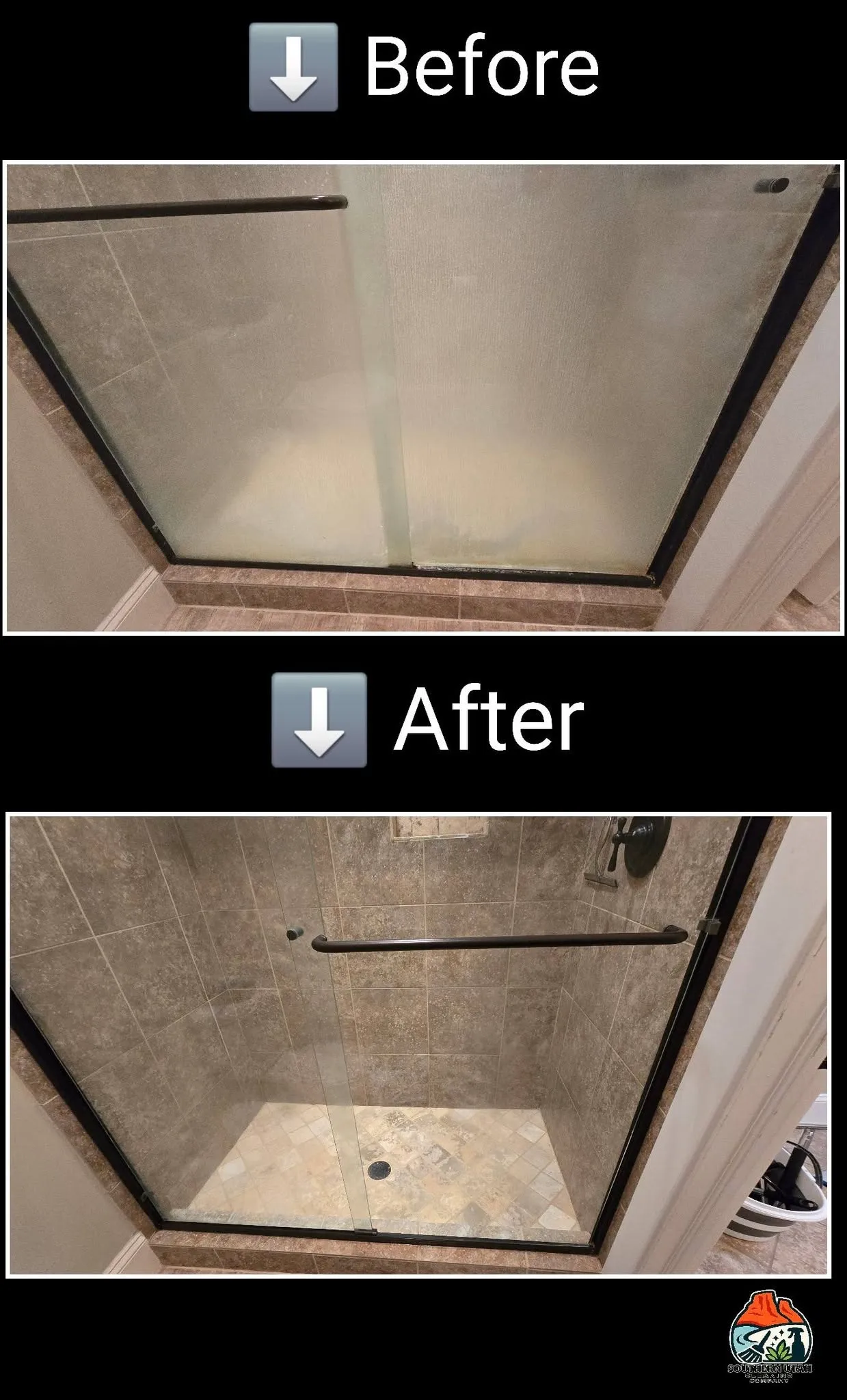 Shower glass door restoration clean before and after in St. George Utah