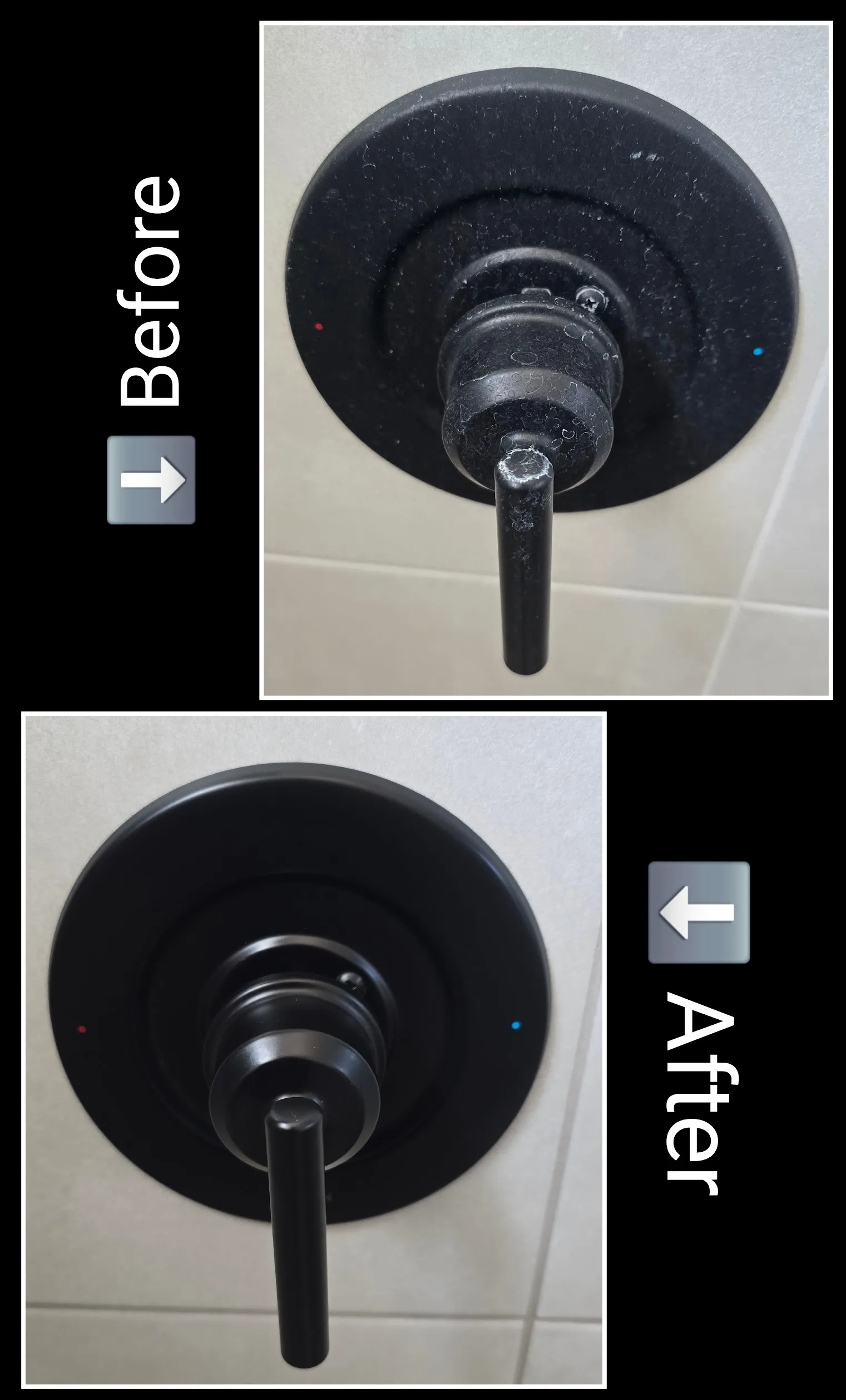 Shower handle before and after mineral buildup removal