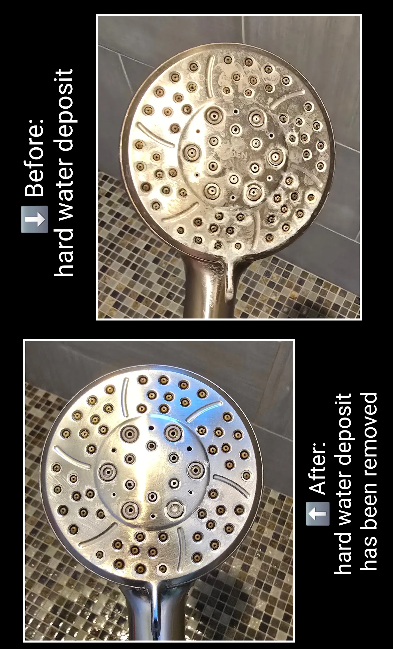 Before and after shower head cleaning with mineral buildup removed