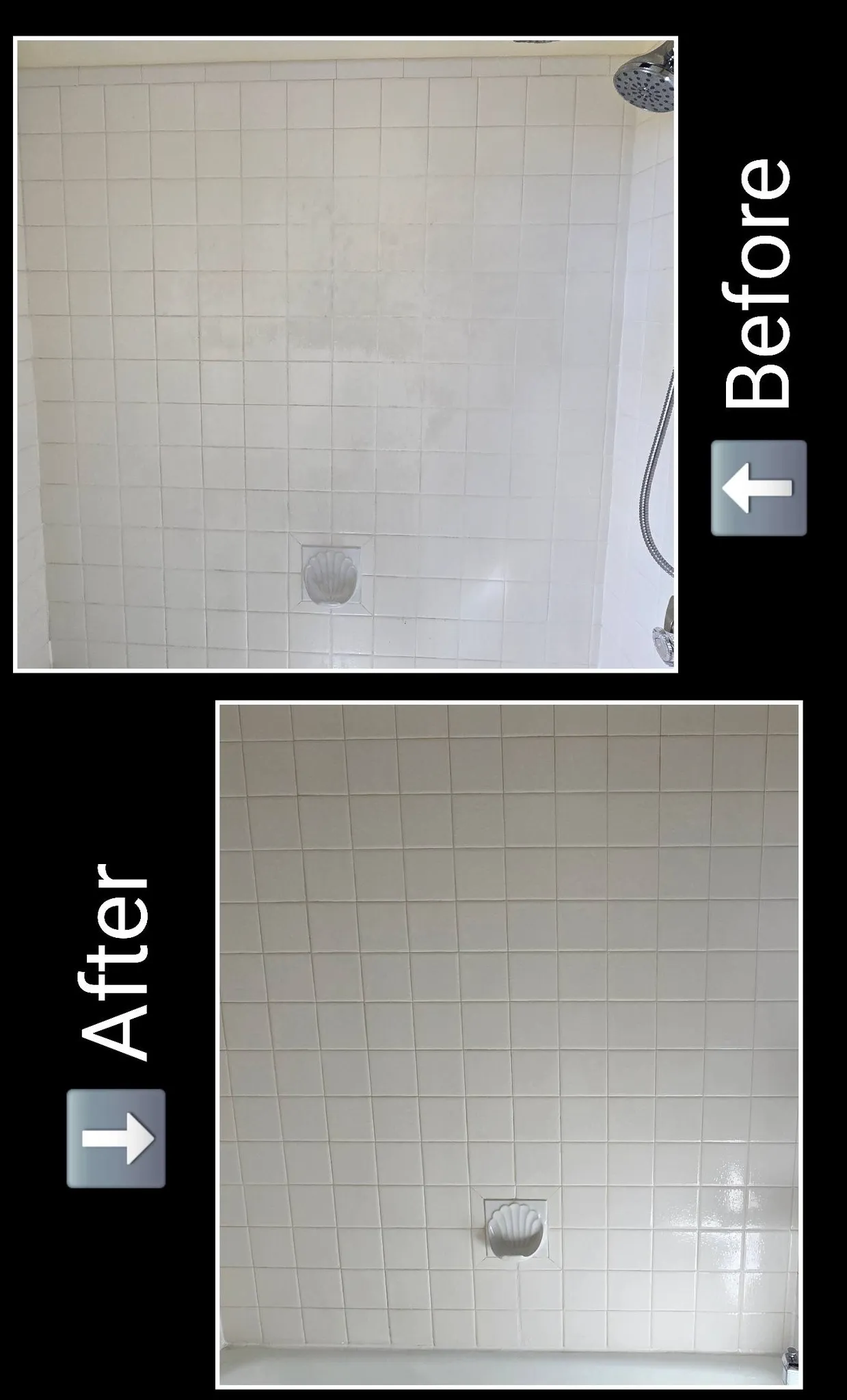 Shower tile surround before and after cleaning in St. George Utah